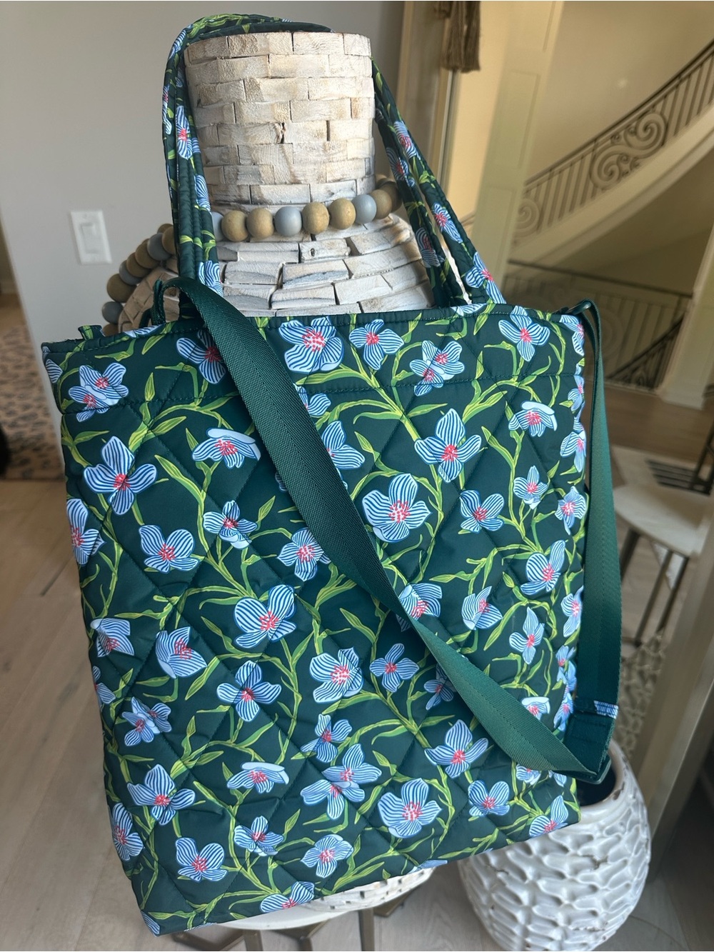 Vera Bradley Dark Green Floral Quilted Tote with Blue Flowers